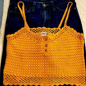 Asos size 4/S crochet knitted yellow tank top beach/hippie/festival/retro/60s
